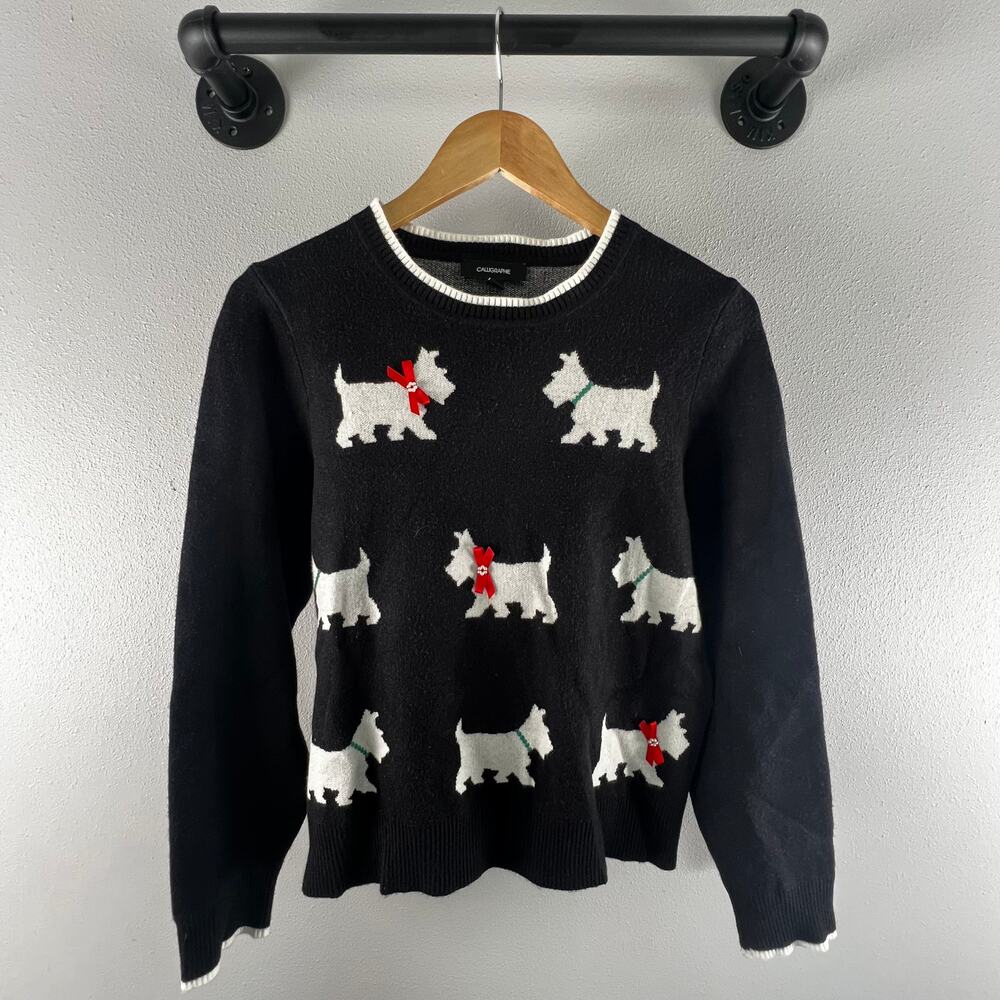 Anthropologie Calligraphie Scottie Dog Knit Long Sleeve Sweater Size PL